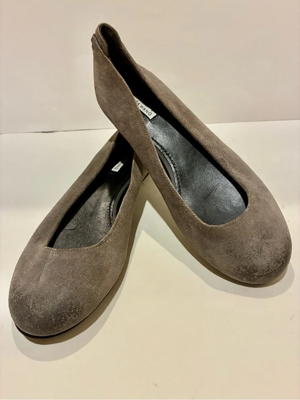 Vera Wang grey brushed suede ballet flats. Back zip. Sz 6.